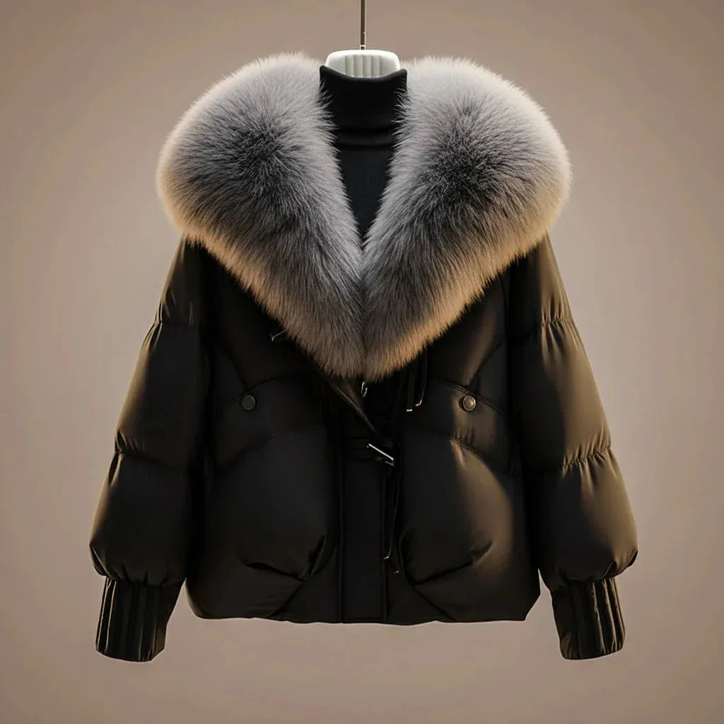Black puffer jacket with a two-tone grey and cream faux fur collar displayed on a mannequin