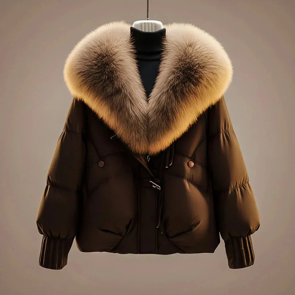 Coffee brown puffer jacket with a warm beige faux fur collar shown on a mannequin