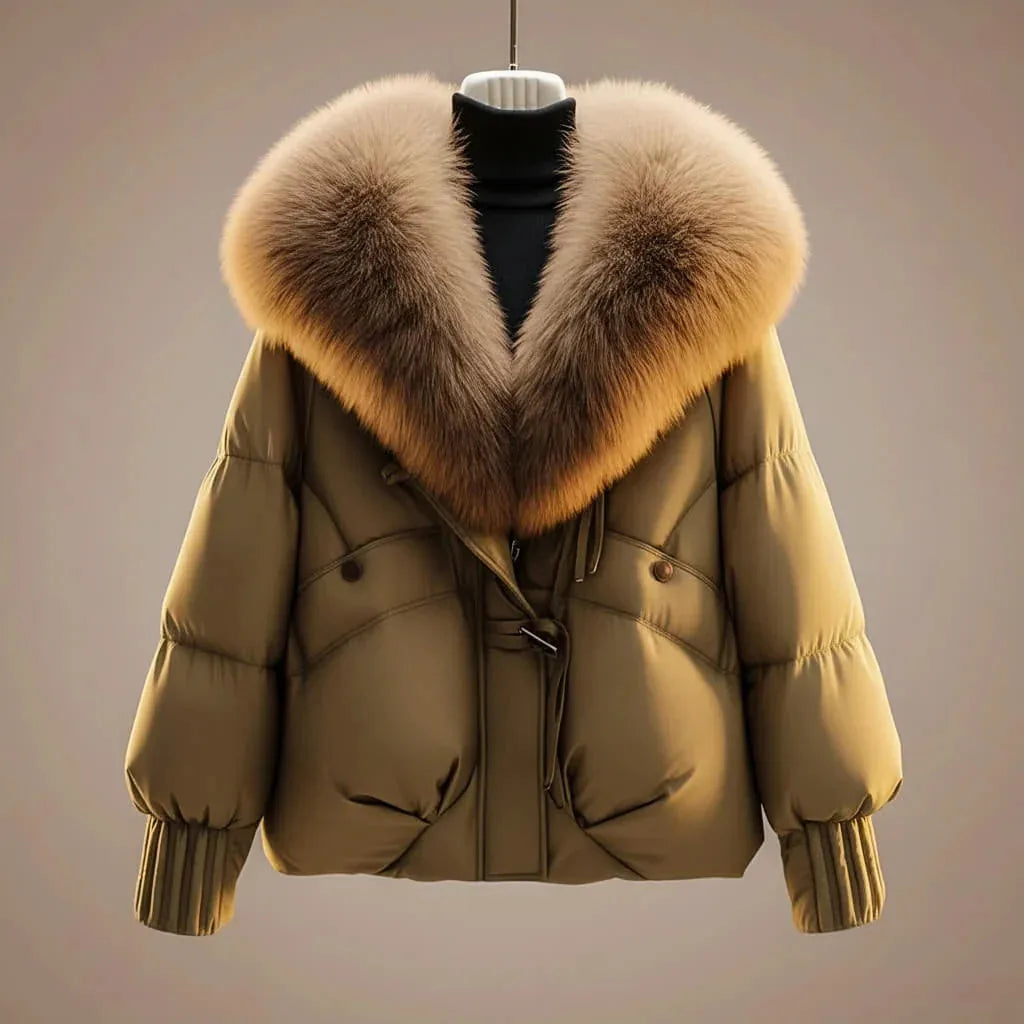 Front close-up of the toggle drawstring closure and double front pockets on the puffer jacket