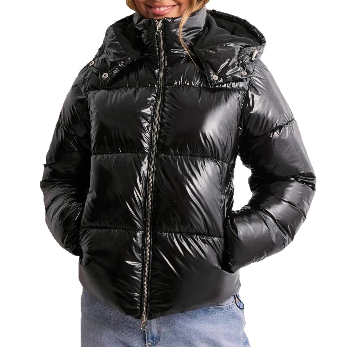 Close-up of the black glossy puffer jacket showing the adjustable hood, silver zip pull and fleece-lined collar