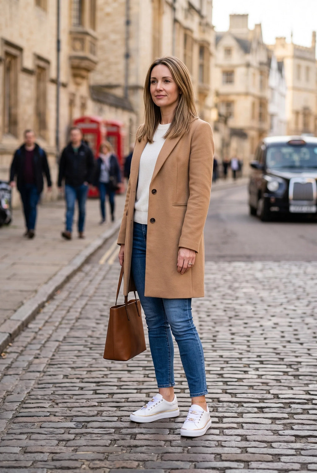 Woman in a camel coat and jeans walking on a cobbled street wearing white gold-trim trainers with a brown tote bag
