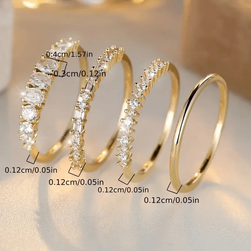 Diagram showing band width and stone dimensions in centimetres and inches for each ring in the set