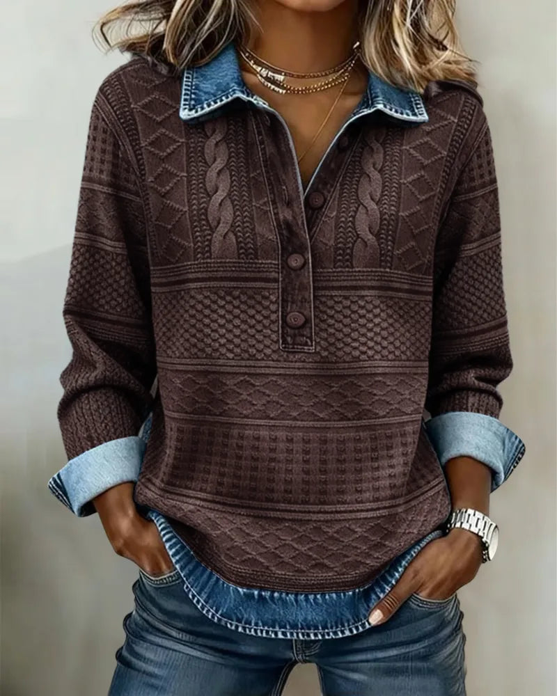 Coffee brown textured knit jumper with contrast denim collar, half-button placket and cable knit panel down the front