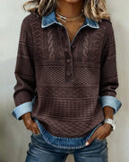 Coffee brown textured knit jumper with contrast denim collar, half-button placket and cable knit panel down the front