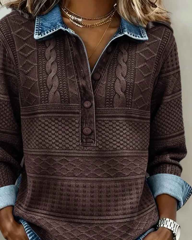 Close-up of coffee brown jumper showing denim-effect collar, layered gold necklaces and cable knit texture