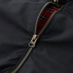 Close-up of brass zip pull against black fabric with red tartan lining peeking through