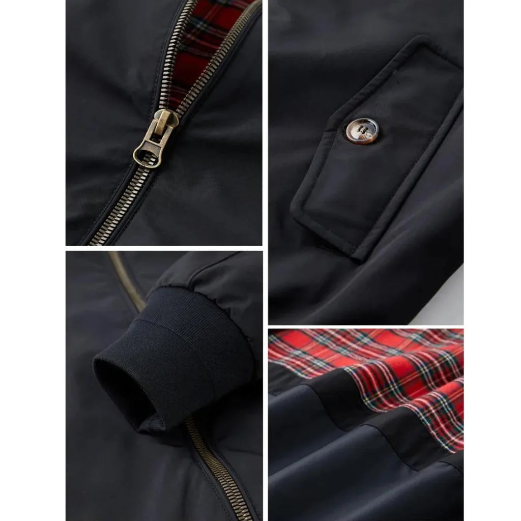 Four detail shots: zip pull, flap pocket with button, ribbed cuff, and folded tartan lining fabric
