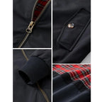 Four detail shots: zip pull, flap pocket with button, ribbed cuff, and folded tartan lining fabric