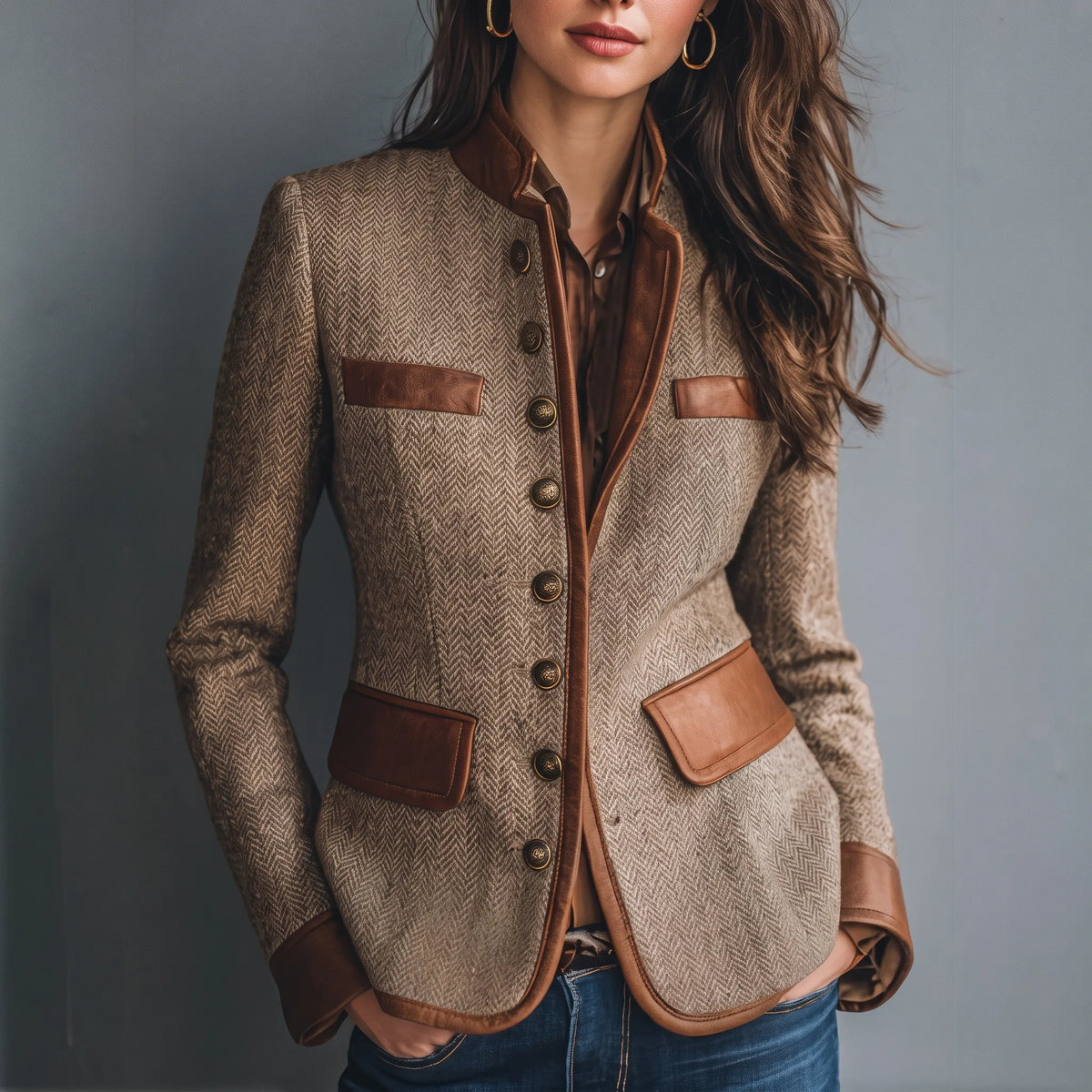 Front view of a tweed jacket with tan faux leather trim on the collar, cuffs and pocket flaps, worn over a brown shirt