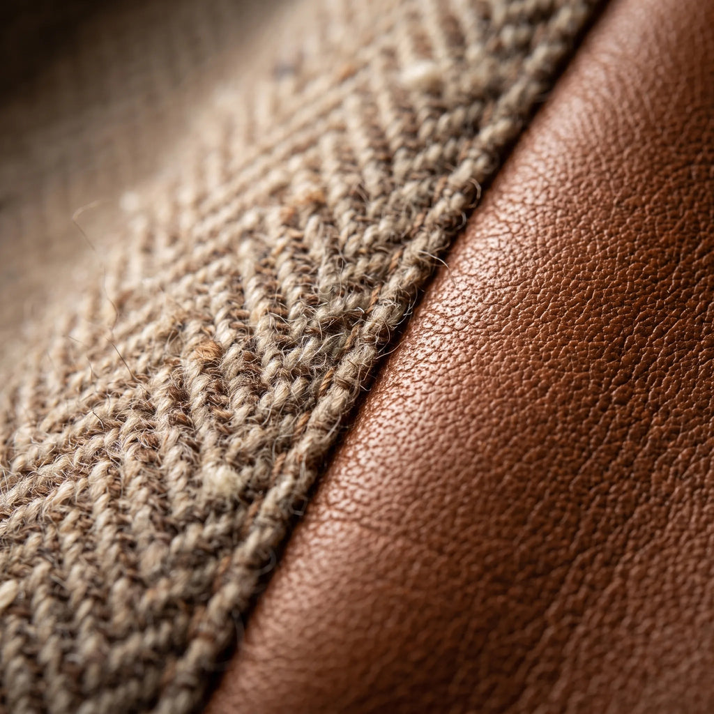 Close-up of the herringbone tweed fabric next to the smooth tan faux leather trim, showing texture contrast