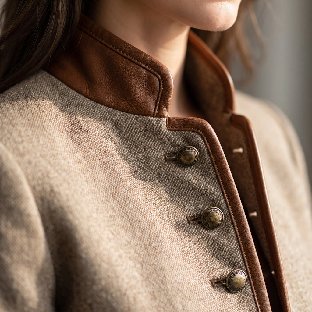 Close-up of the stand collar with tan leather edging and bronze-tone buttons down the front