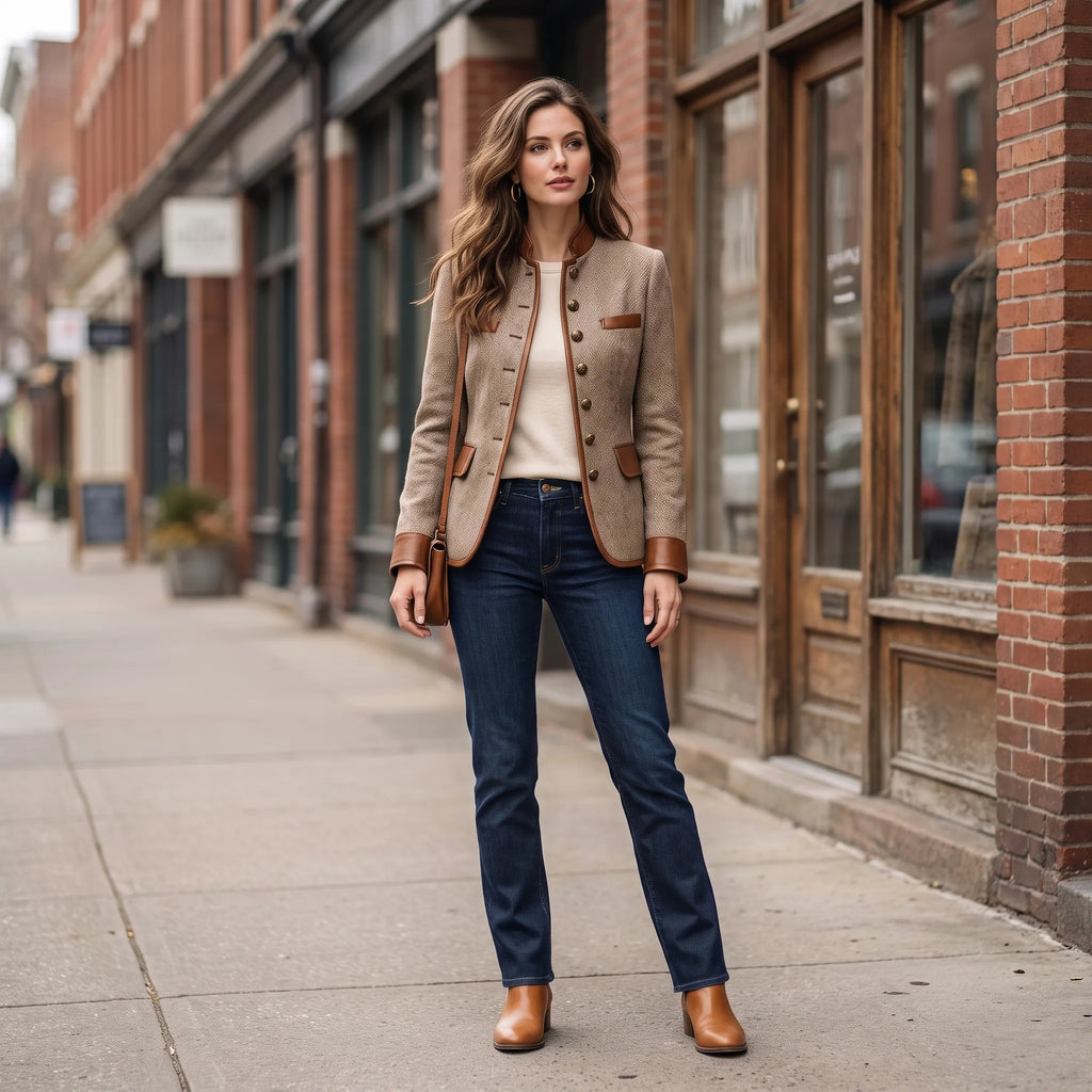 Full-length outfit shot of the jacket worn open over a cream top with jeans and tan ankle boots on a city street