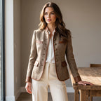 Full-length shot of the jacket worn buttoned over a white blouse and cream tailored trousers indoors