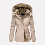 Beige quilted puffer jacket with faux fur lined hood shown open, front view against a plain background