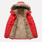 Red quilted puffer jacket shown open flat, highlighting the plush faux fur lining and hood trim