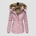 Pink quilted puffer jacket with faux fur hood trim, front view on a plain background