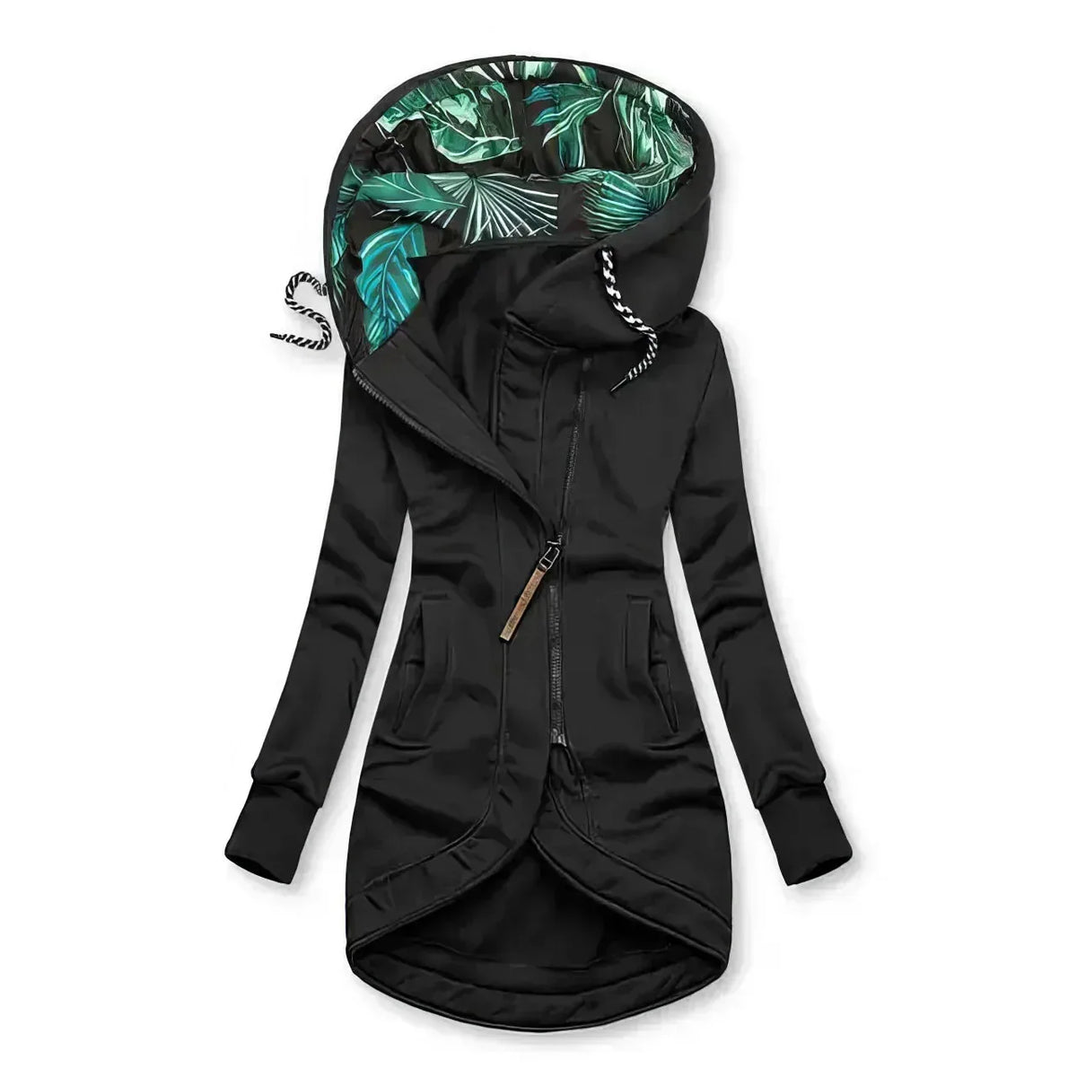 Black longline hooded zip-up jacket with tropical leaf-print hood lining and asymmetric front zip