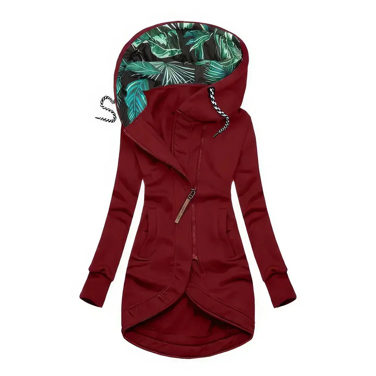 Deep red hooded jacket, front view, showing curved hem, kangaroo pockets and striped drawstrings