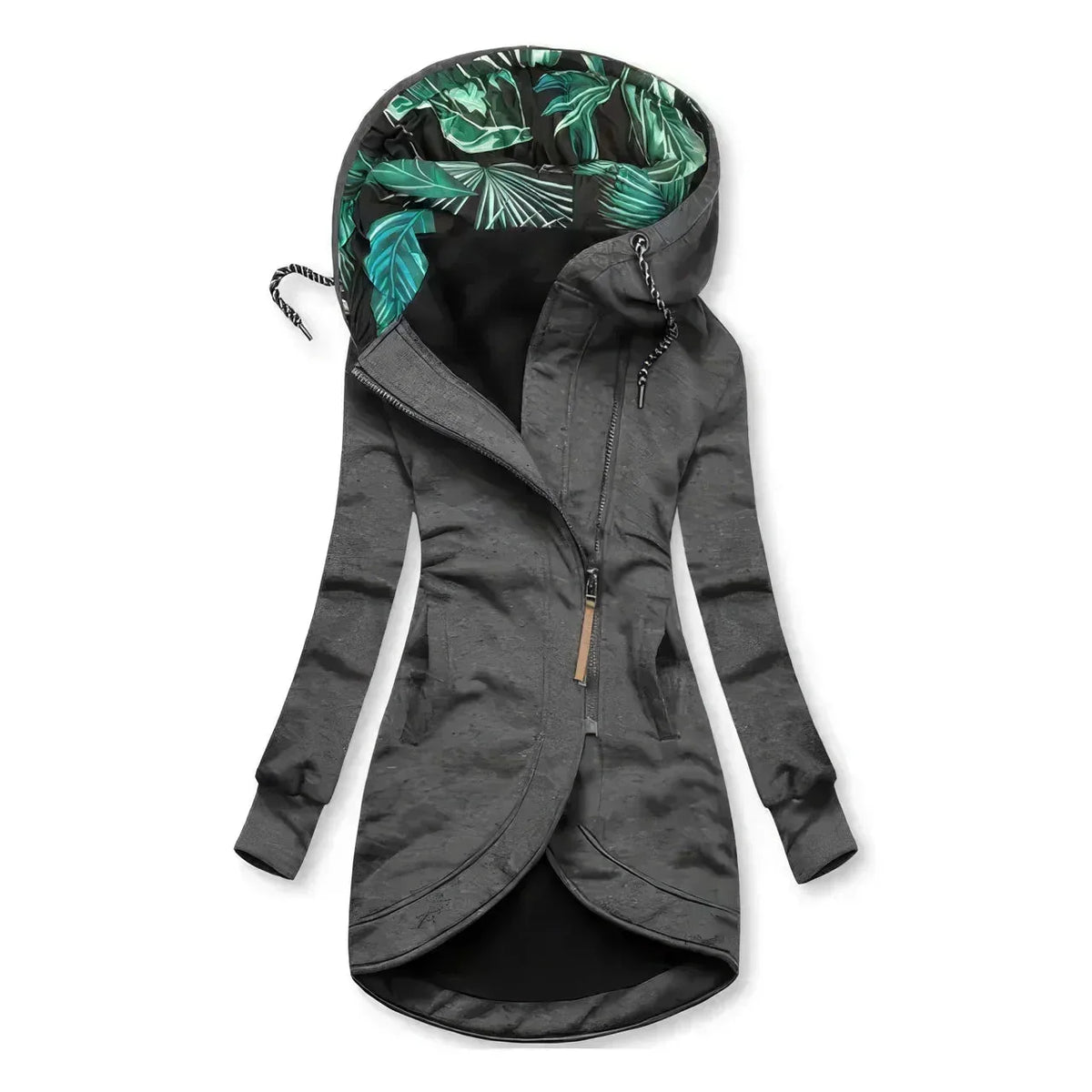 Charcoal grey marled hooded jacket laid flat, showing tulip hem and green palm-print hood lining