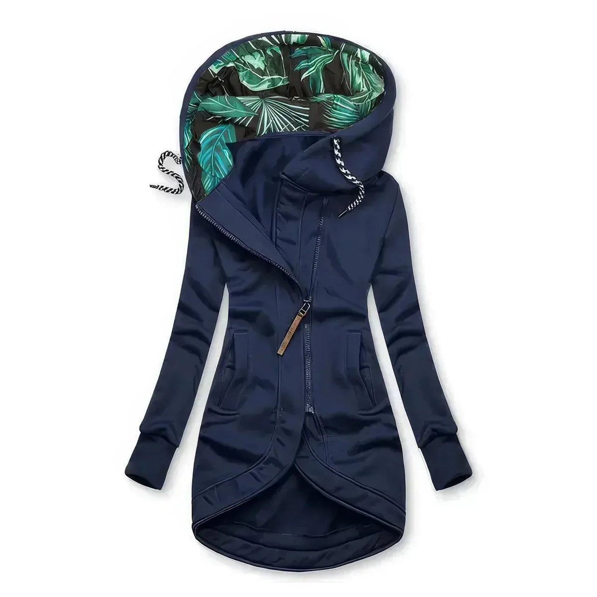 Navy blue hooded zip-up jacket with contrast leaf-print hood interior and ribbed cuffs