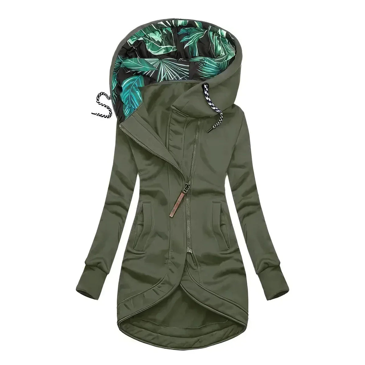 Khaki green longline hoodie jacket with asymmetric zip and tropical print hood lining, front view