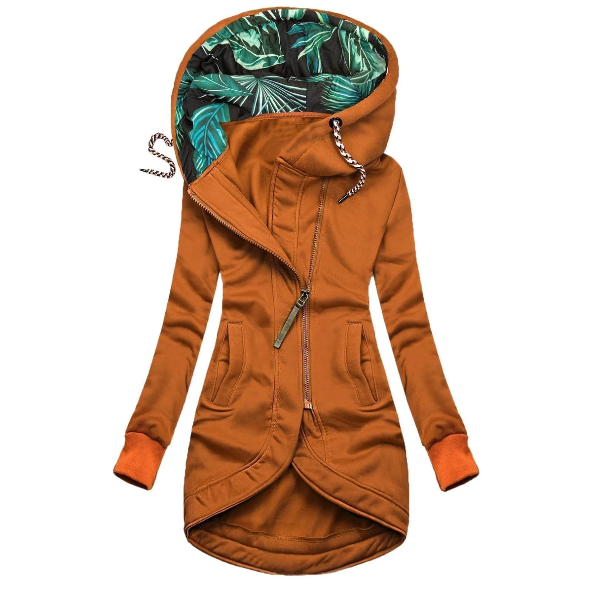 Rust orange hooded jacket with contrast-lined cuffs, off-centre zip and botanical print hood