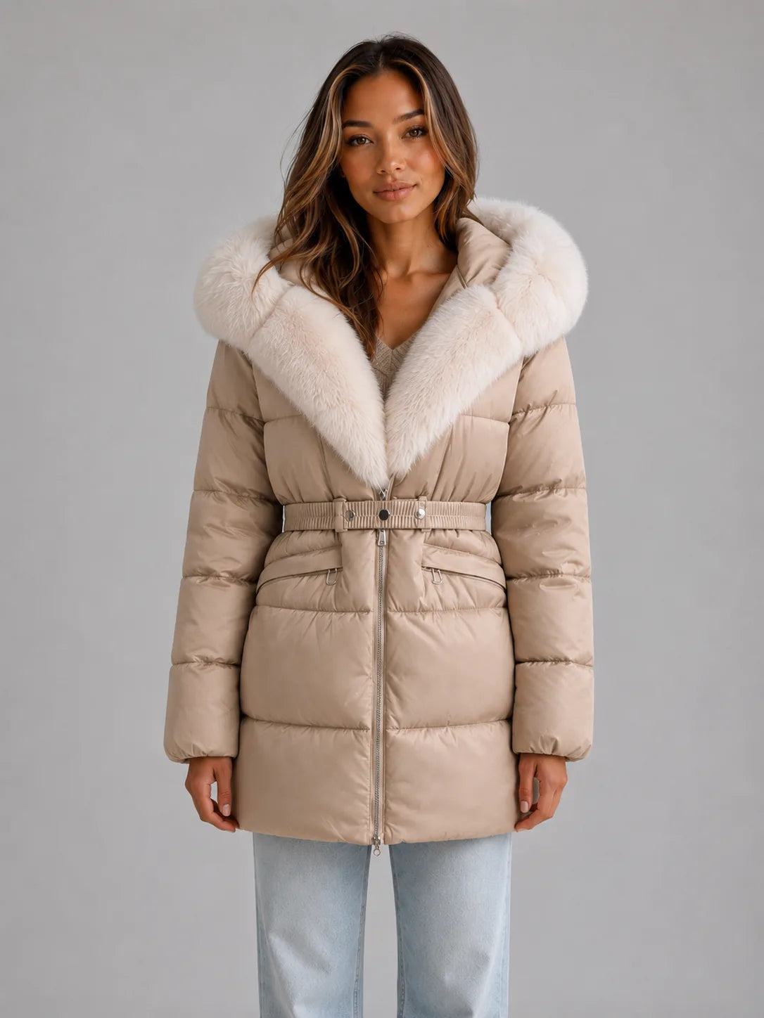 Front view of a beige hooded puffer jacket with a large cream faux fur collar, belted waist and zip fastening, worn with jeans