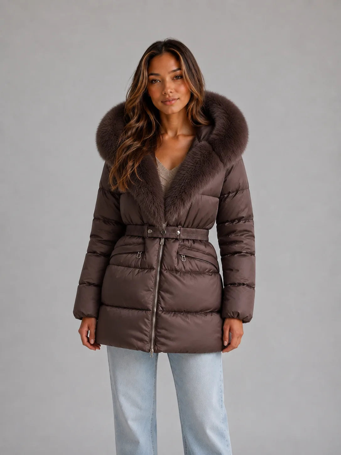Front view of the same puffer jacket in a brown colourway with matching faux fur hood trim and zip pockets