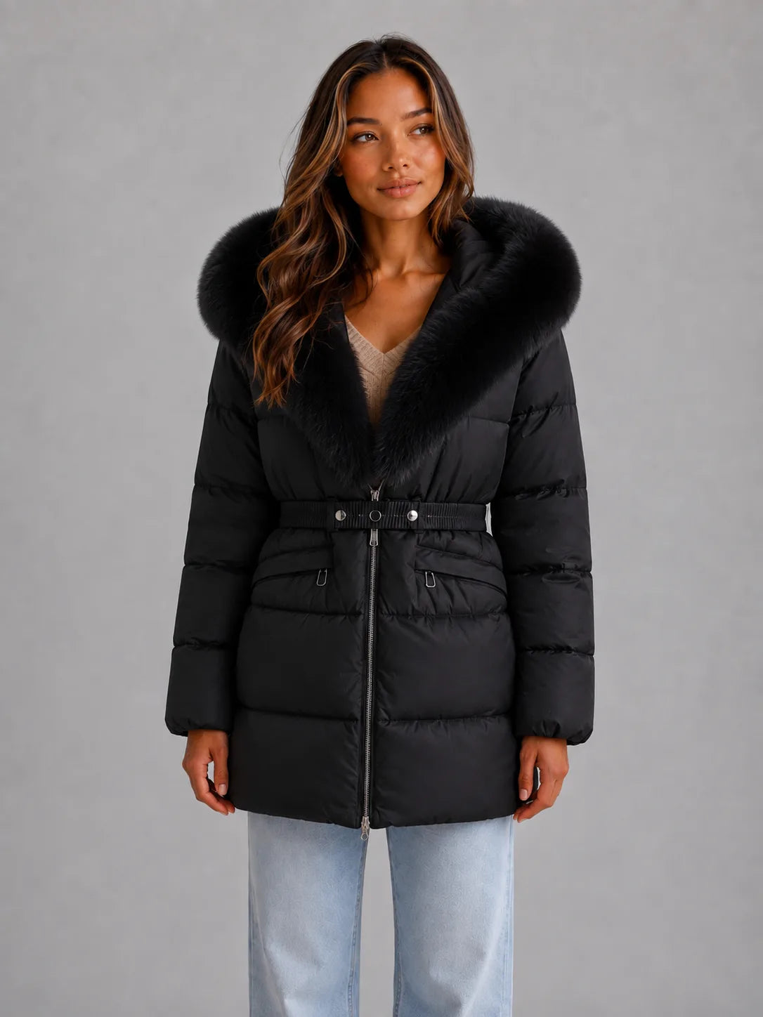 Front view of the puffer jacket in black with black faux fur hood trim, belted waist and silver zip fastening