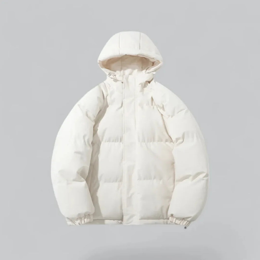 Front view of a cream white hooded puffer jacket with full zip, showing quilted panels and side pockets