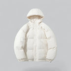 Front view of a cream white hooded puffer jacket with full zip, showing quilted panels and side pockets