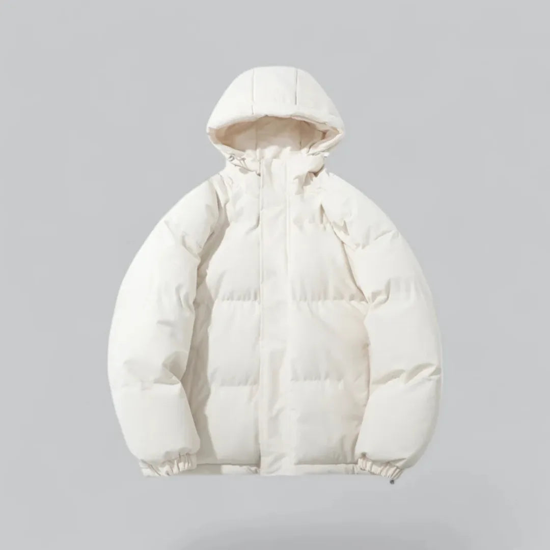 Front view of a cream white hooded puffer jacket with full zip, showing quilted panels and side pockets