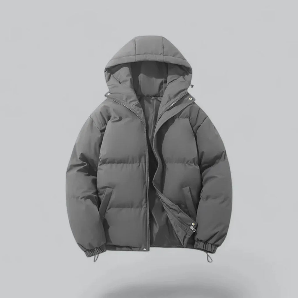 Grey padded hooded jacket shown unzipped, revealing satin-like lining and elasticated cuffs