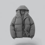 Grey padded hooded jacket shown unzipped, revealing satin-like lining and elasticated cuffs