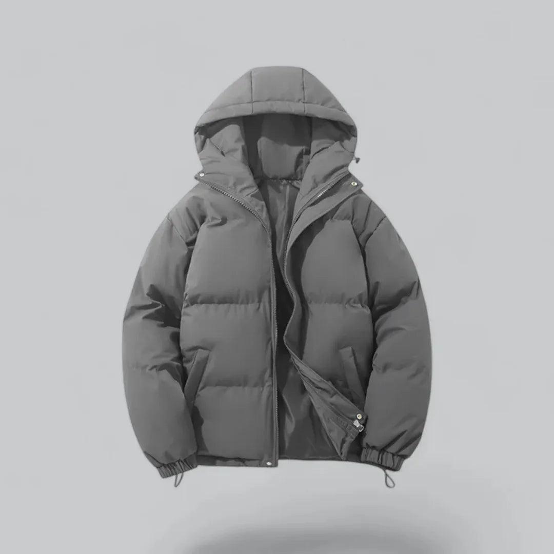 Grey padded hooded jacket shown unzipped, revealing satin-like lining and elasticated cuffs