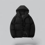 Black quilted hooded puffer jacket with zip half open, drawstring hem visible at the bottom