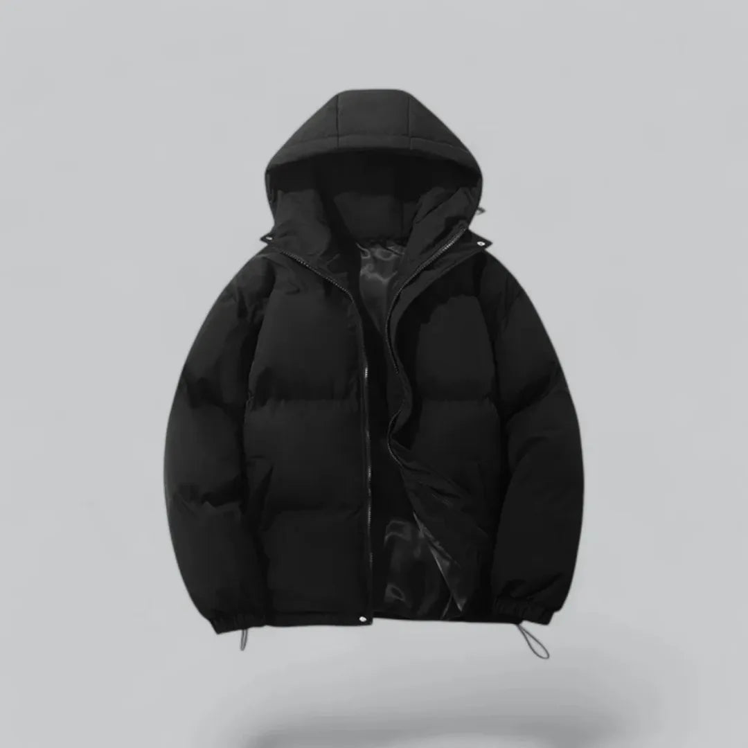 Black quilted hooded puffer jacket with zip half open, drawstring hem visible at the bottom