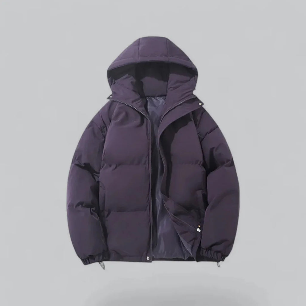 Deep purple hooded puffer jacket with zip partly open, showing glossy inner lining