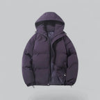 Deep purple hooded puffer jacket with zip partly open, showing glossy inner lining
