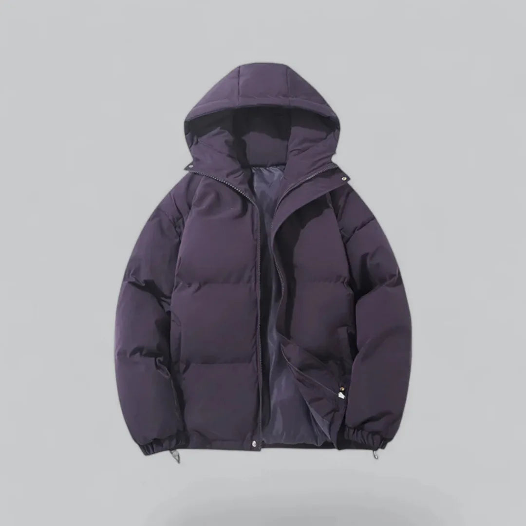 Deep purple hooded puffer jacket with zip partly open, showing glossy inner lining