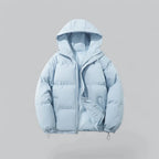 Pale blue quilted hooded jacket unzipped, showing side pocket and elasticated wrist cuffs