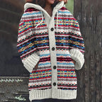 Woman wearing a multicolour striped knit hooded cardigan with wood-style buttons and front pockets