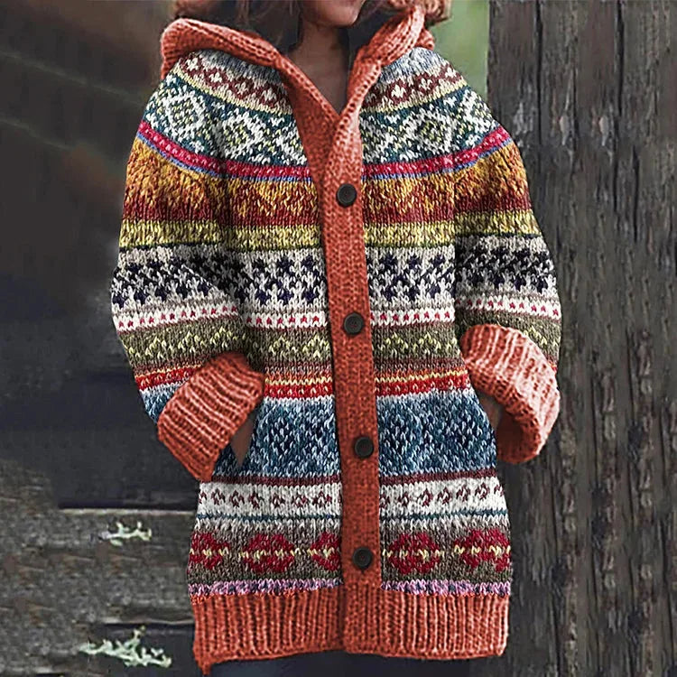 Burnt orange knit hooded cardigan with multicolour striped pattern and contrast ribbed cuffs