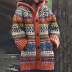Burnt orange knit hooded cardigan with multicolour striped pattern and contrast ribbed cuffs