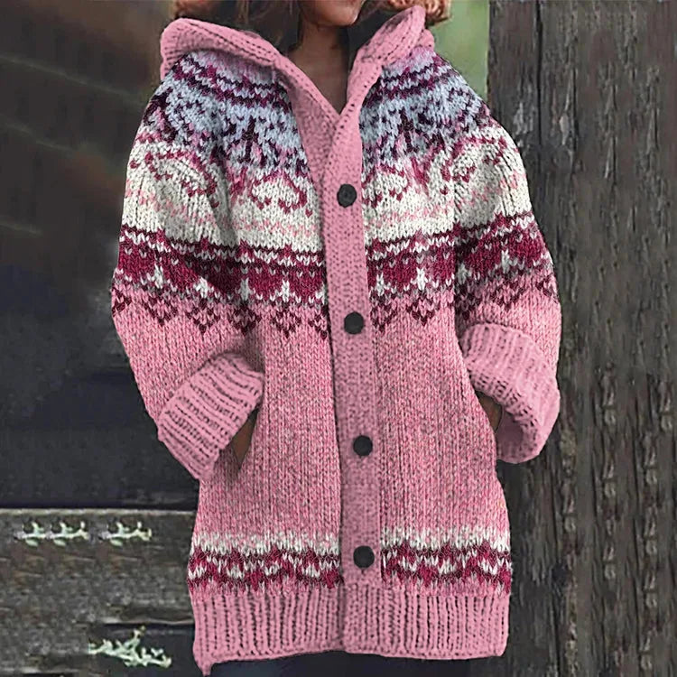 Pink ombre knit hooded cardigan with a patterned yoke fading into soft blush tones below