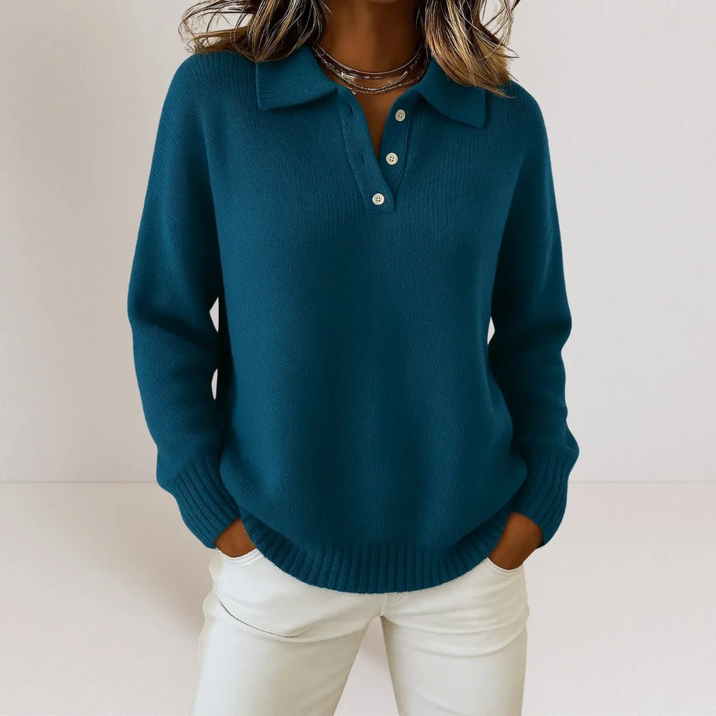 Teal knitted polo jumper with ribbed collar and buttoned neckline, long sleeves with ribbed cuffs