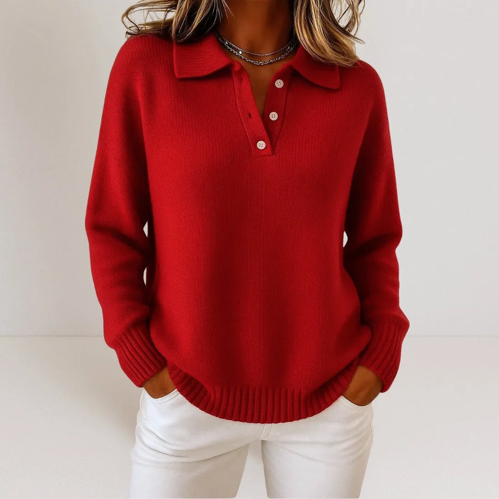 Red knitted polo jumper featuring a classic collar and three-button placket, relaxed fit through the body