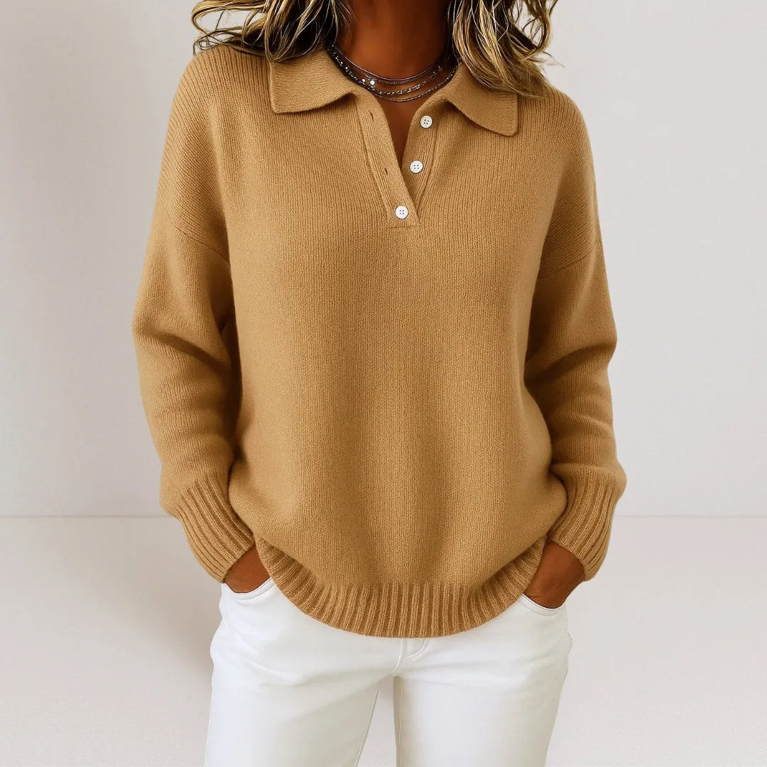 Camel knitted polo jumper with ribbed hem and cuffs, buttoned collar shown against a neutral backdrop