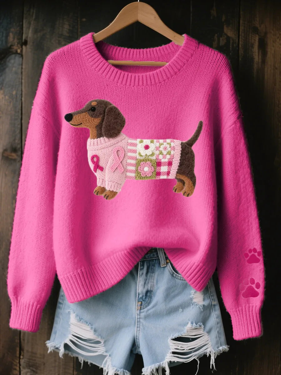 Bright pink knitted jumper featuring a dachshund appliqué in a pink ribbon patchwork sweater, styled with ripped denim shorts