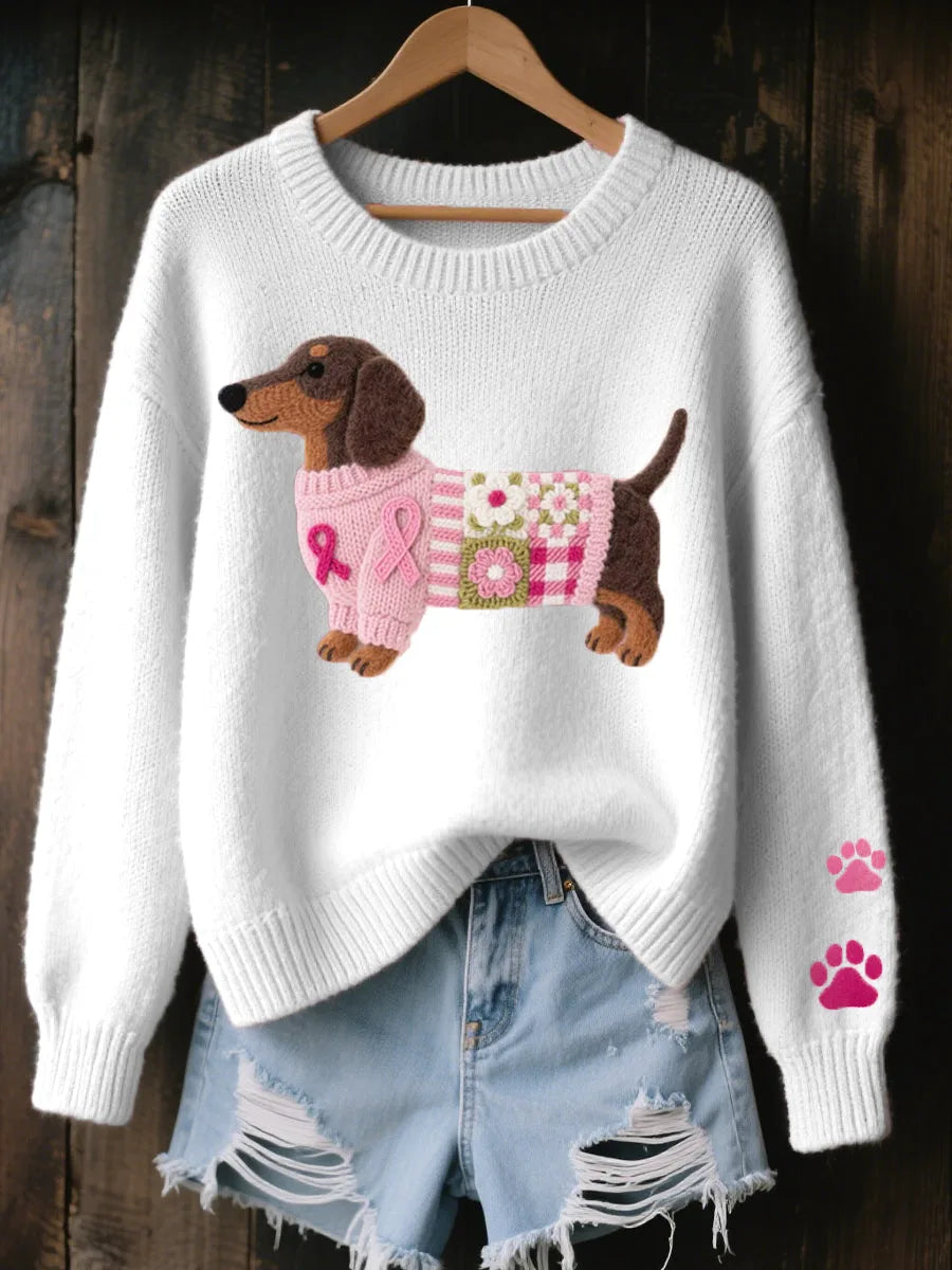 White knitted jumper with a felt dachshund motif in a pink patchwork coat and two pink paw prints on the sleeve